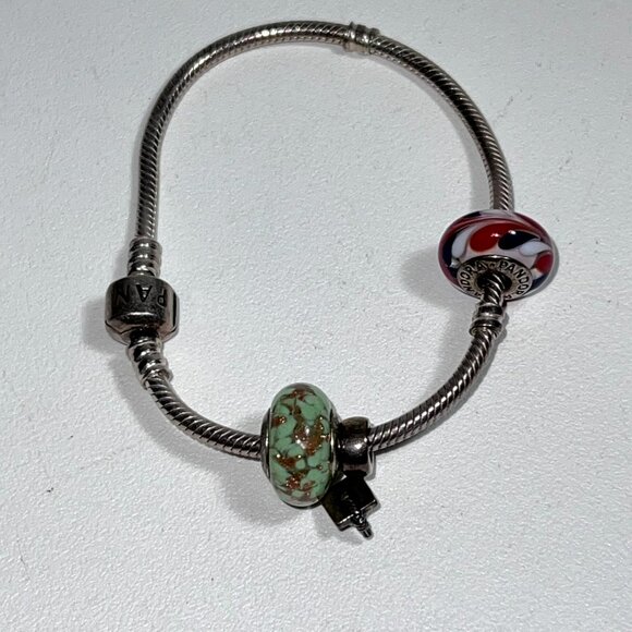 Authentic Pandora Ale Sterling Silver Snake Bracelet w/ Italy Murano Glass Charm - Picture 2 of 13